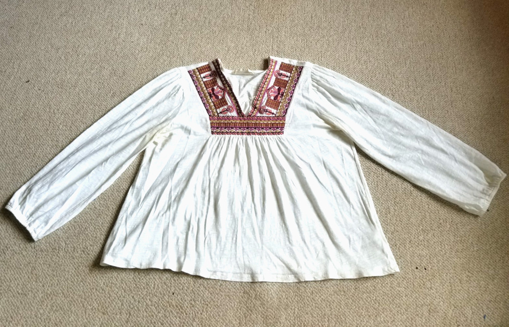 Womens Top-LUCKY BRAND-white cotton knit embroidered Boho Hippie Peasant 3/4sl-L